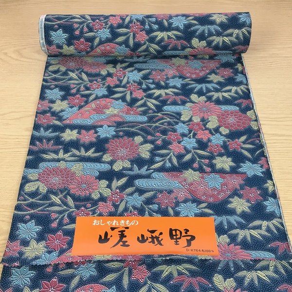 Tela de kimono japonés, lana, flores sobre un fondo azul, vendido por metro, ancho 36cm, importación de Japón