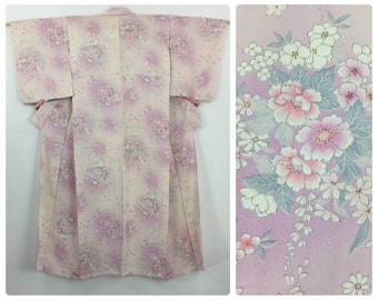 Japanese women's kimono, vintage, summer kimono, flowers, pink & purple silk, kimono, small-medium, Japan import