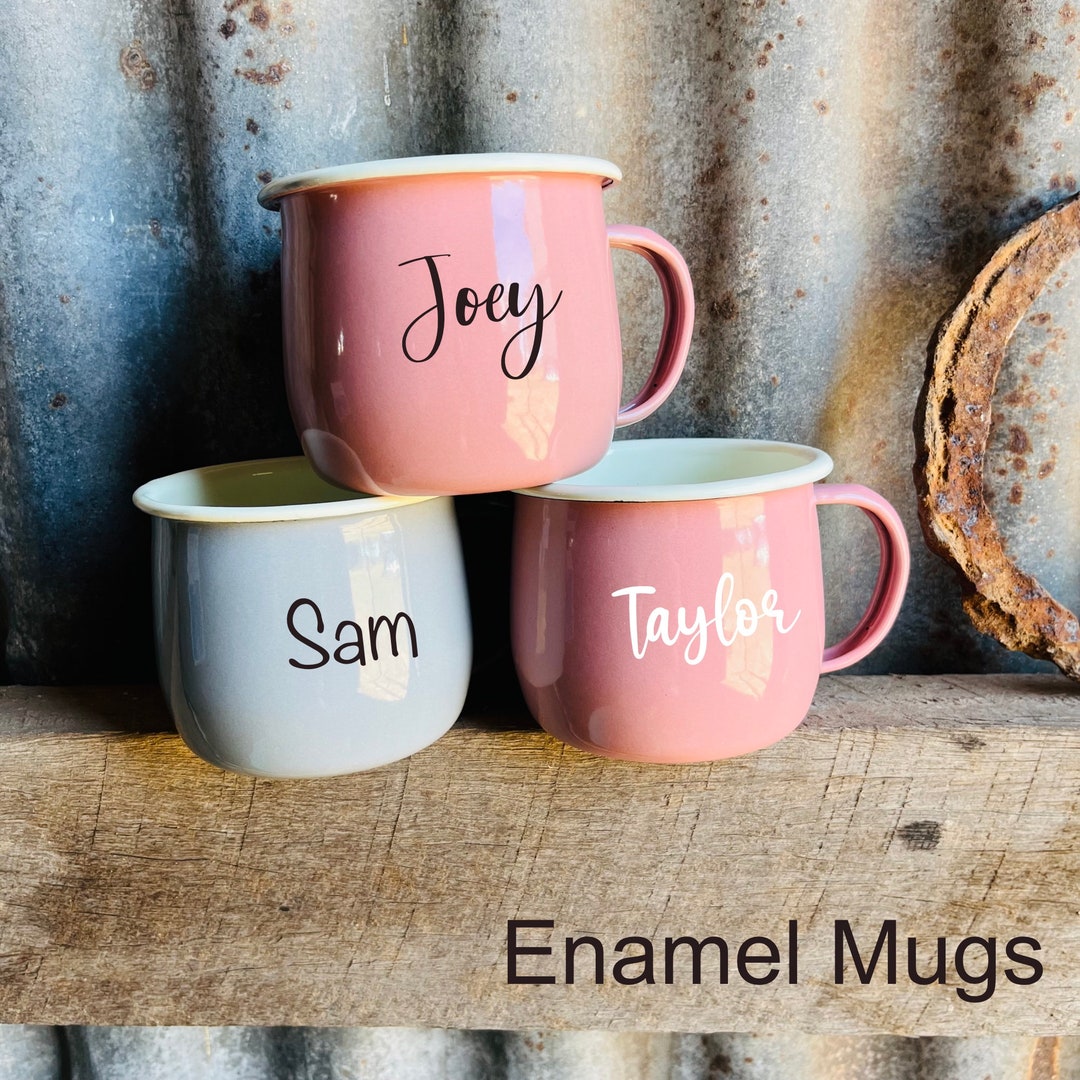 Personalised Enamel Mugs, Pink and Grey Enamel Mugs, Enamel Mugs for Kids, Camping Mugs, Outdoor