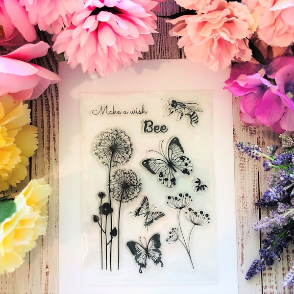 Make a Wish Stamp Set, Clear Stamp Set, Butterfly Stamps, Dandelion Stamps, Card Making Stamps