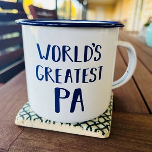 Personalised Enamel Camping Mug, Custom Name, White Mug with Dark Blue Rim, Male Gift bild 2