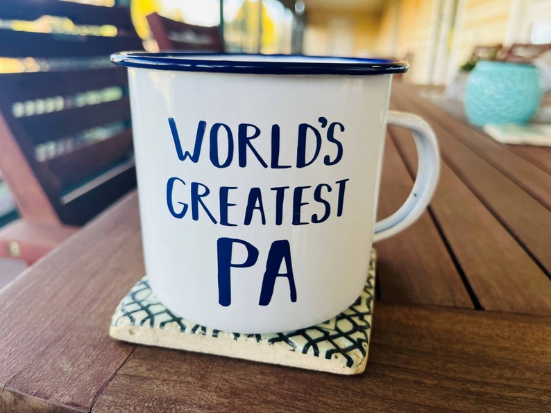 Personalised Enamel Camping Mug, Custom Name, White Mug with Dark Blue Rim, Male Gift bild 2