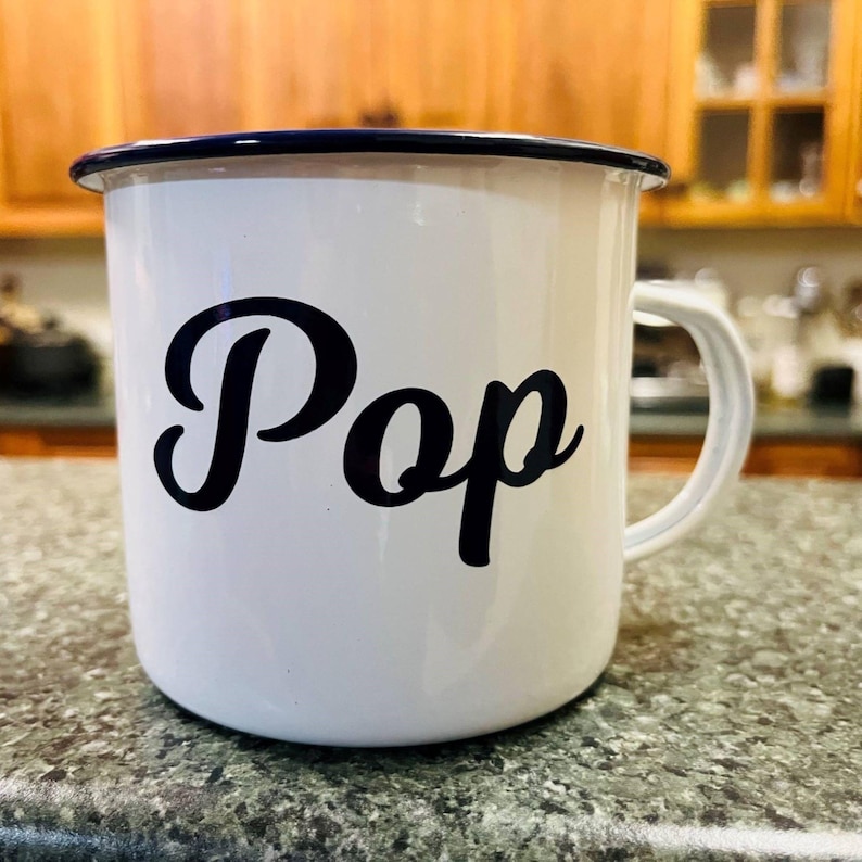 Personalised Enamel Camping Mug, Custom Name, White Mug with Dark Blue Rim, Male Gift bild 11