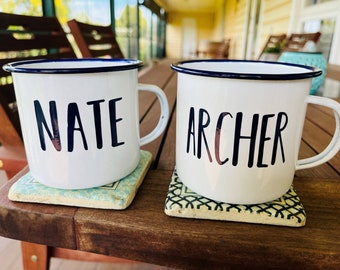 Custom Enamel Camping Mug, Personalised Party Favour, Gift for Boyfriend or Husband