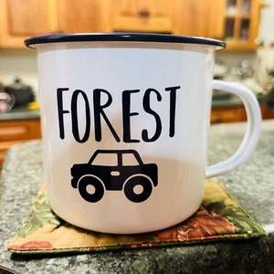 Personalised Enamel Camping Mug, Custom Name, White Mug with Dark Blue Rim, Male Gift bild 9