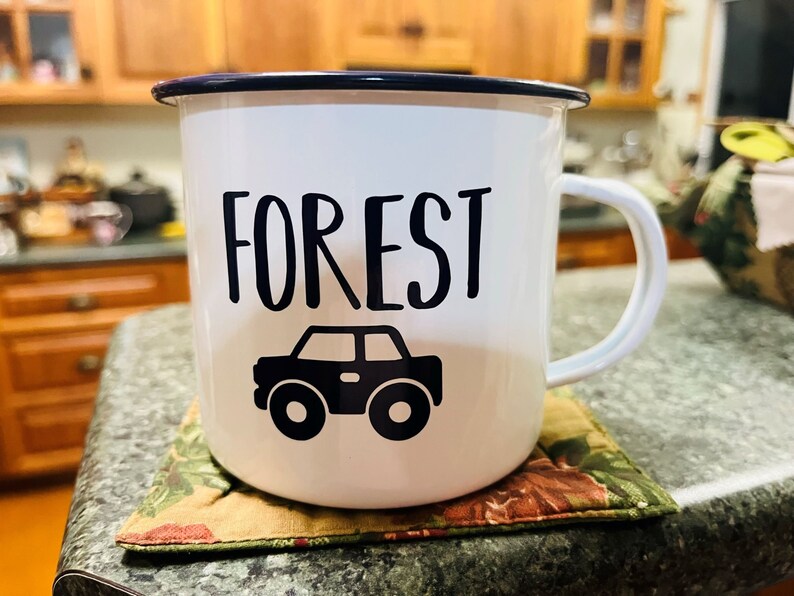 Personalised Enamel Camping Mug, Custom Name, White Mug with Dark Blue Rim, Male Gift bild 9