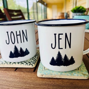 Personalised Enamel Camping Mug, Custom Name, White Mug with Dark Blue Rim, Male Gift bild 7