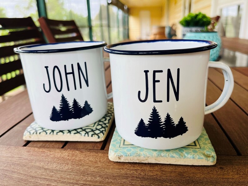 Personalised Enamel Camping Mug, Custom Name, White Mug with Dark Blue Rim, Male Gift bild 7