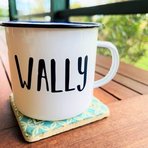 Personalised Enamel Camping Mug, Custom Name, White Mug with Dark Blue Rim, Male Gift bild 8
