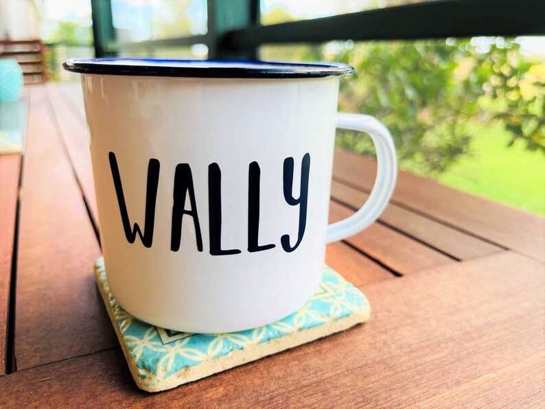 Personalised Enamel Camping Mug, Custom Name, White Mug with Dark Blue Rim, Male Gift bild 8