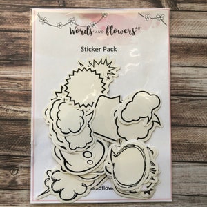 May include: A sticker pack featuring the text "Words and Flowers AU" and "Sticker Pack". The pack includes a selection of black and white outline stickers in the form of speech bubbles, stars, and other shapes.