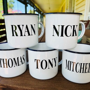 Personalised Enamel Camping Mug, Custom Name, White Mug with Dark Blue Rim, Male Gift bild 1