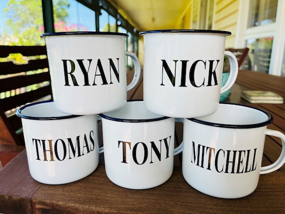 Personalised Enamel Camping Mug: Custom Name, White Mug with Dark Blue Rim, Male Gift