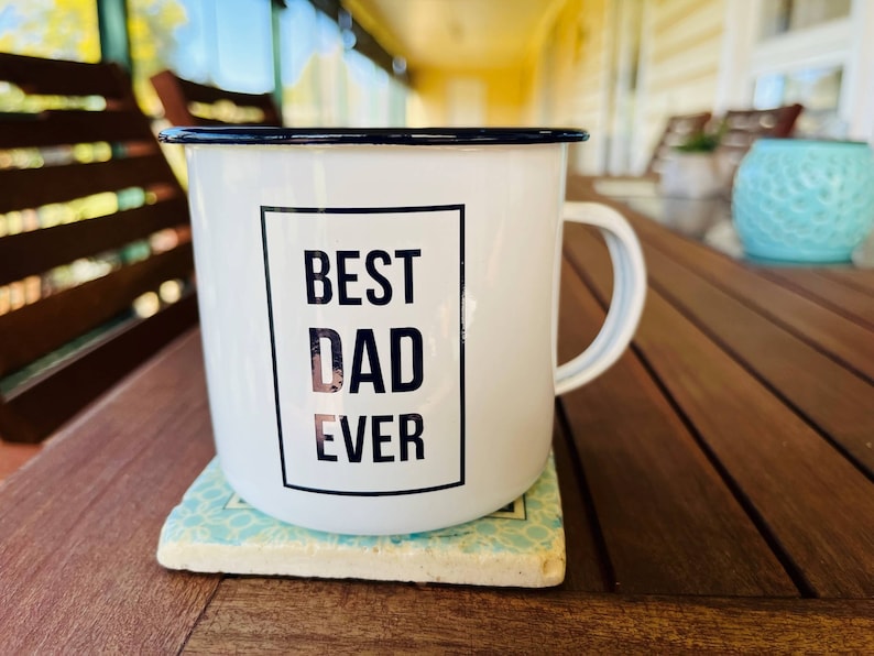Personalised Enamel Camping Mug, Custom Name, White Mug with Dark Blue Rim, Male Gift bild 4