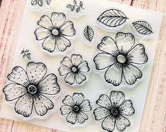 Flower Stamp Set, Clear Stamp Set, Floral Stamps for Card Making, Scrapbooking Stamps, Journaling Stamps, Cute Stamp Set