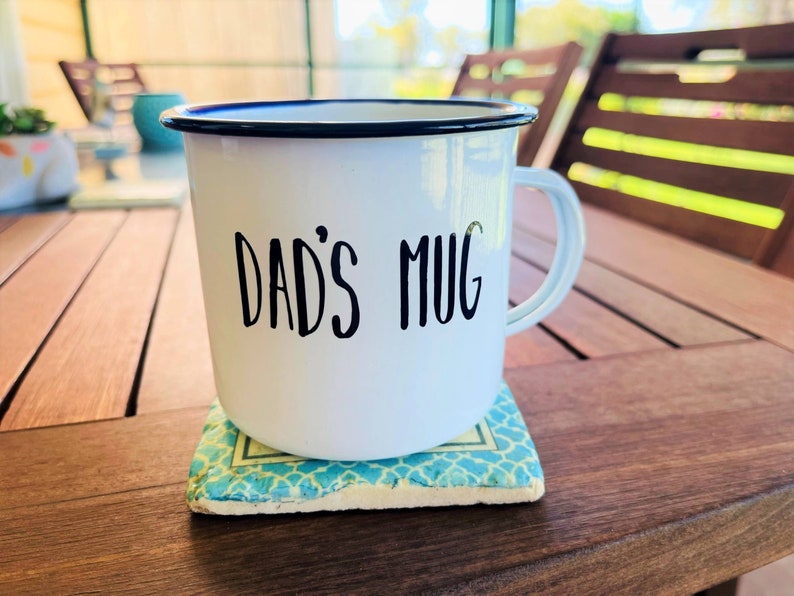 Personalised Enamel Camping Mug, Custom Name, White Mug with Dark Blue Rim, Male Gift bild 10