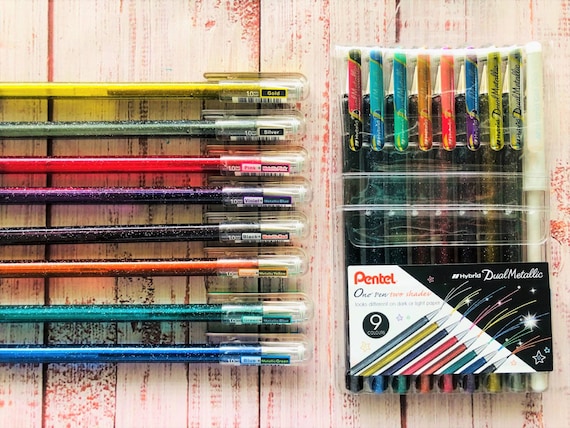 Pentel Hybrid Dual Metallic Pens, 9 Pack, Glitter Gel Pens, Gel Pen Set, Journaling  Pens, Scrapbooking Pens, Sparkly Pens 