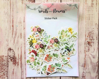 Vintage Floral Sticker Pack: Rose, Sunflower, Lily - 45 Piece Set