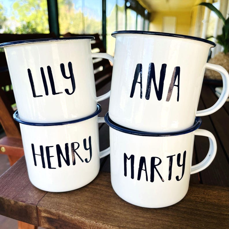 Personalised Enamel Camping Mug, Custom Name, White Mug with Dark Blue Rim, Male Gift bild 12