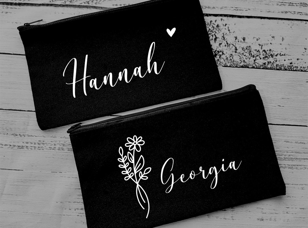 Black Zipper Bag, Personalised Gift for Her, Personalised Cosmetic Bag, Personalised Pencil Case