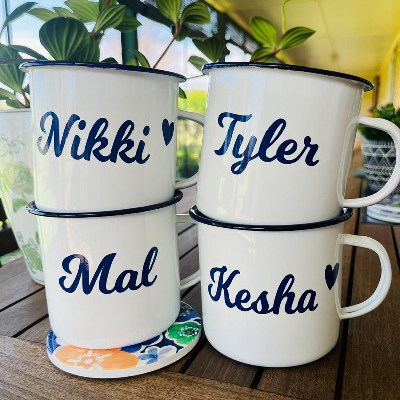 Personalised Enamel Camping Mug, Custom Name, White Mug with Dark Blue Rim, Male Gift bild 3