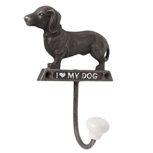 May include: A dark brown metal wall hook with a dachshund dog figurine. The hook has the text "I ❤️ MY DOG" and a white knob. The dog is standing on a rectangular base.