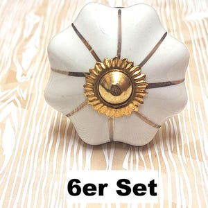 Set of 6 knobs, furniture knobs, drawer handles, ceramic, white and gold