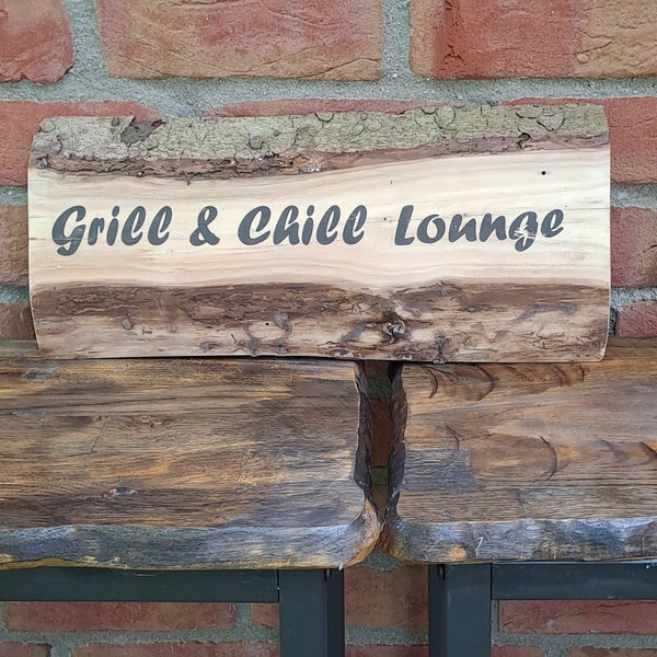 Holzschild Eiche massiv GRILL & CHILL LOUNGE Einzelstück Geschenk Grillabend