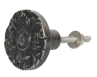 Furniture knob round solid cast iron gray silver antique ornament flower 4*3 cm