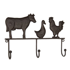 Hook Rail Farm Cow Rooster Goose Cast Iron Wall Coat Rack Towel Holder Kitchen