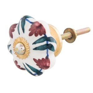 May include: White ceramic cabinet knob with a floral design in shades of green, red, and gold. The knob has a gold metal screw.