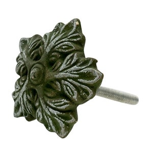 Puede incluir: Un pomo de armario de hierro fundido verde con un diseño floral detallado. El pomo tiene un tornillo para sujetarlo a una puerta de armario.