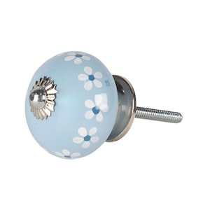 Peut inclure: Un bouton en céramique bleu clair avec un motif floral blanc. Le bouton a une base en métal argenté et une vis.