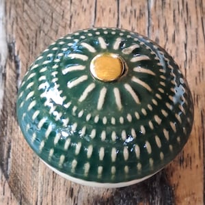 May include: A round, ceramic knob with a dark green glaze and a gold-coloured centre. The knob features a pattern of white dots and lines radiating from the centre. The knob is likely for a cabinet or drawer.