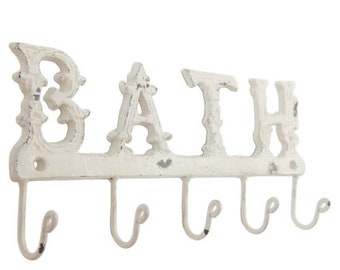 Haakstang bad gietijzer shabby wit antiek 5 haken handdoekstang 26*3*12 cm