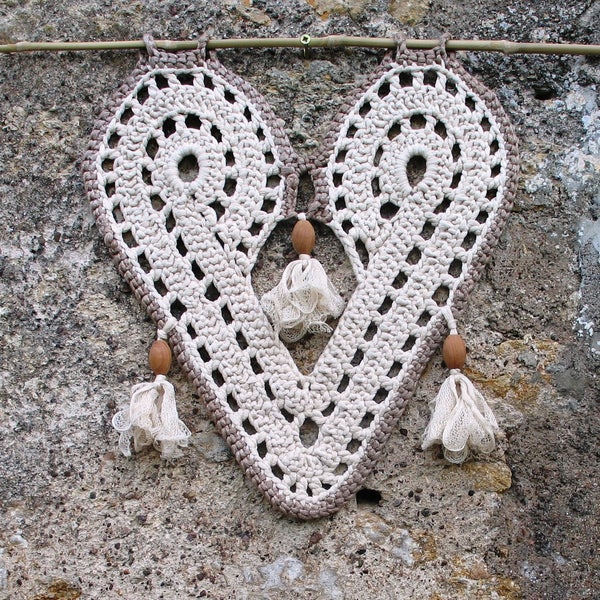 Rideau de porte,décor de fenêtre,rétro vintage, dentelle de crochet en ruban moiré,motif coeur,perles de bois,