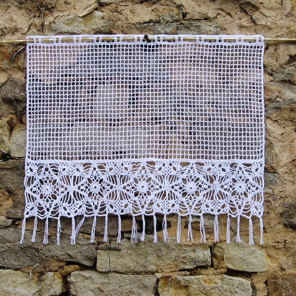 Rideau de crochet,fait-main,en coton blanc,base en crochet d'art montée sur un filet de crochet franges inferieures,cadeau déménagement