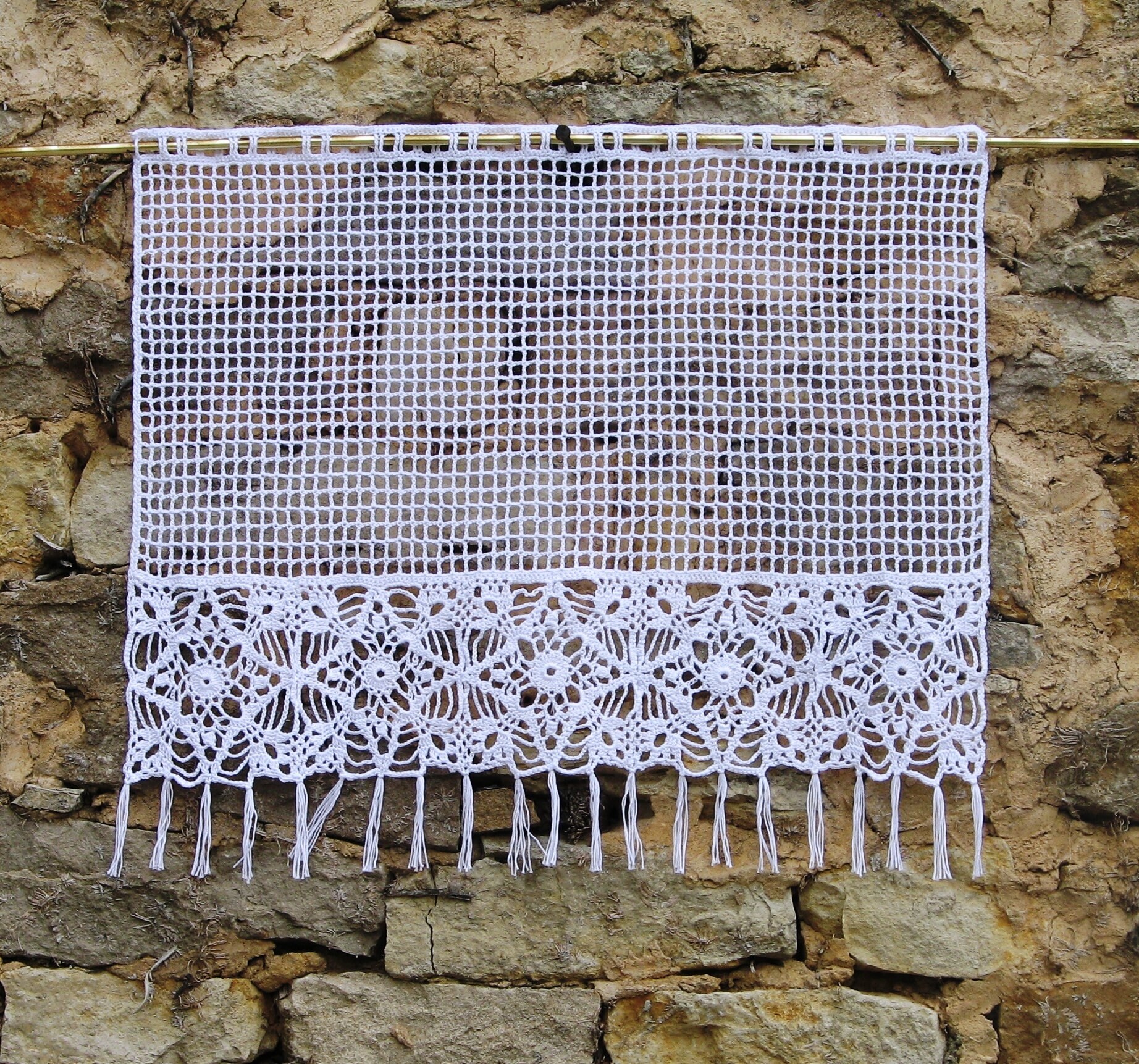 Rideau de Crochet, Fait-Main, en Coton Blanc, Base en Crochet d'art Montée sur Un Filet Franges Infe