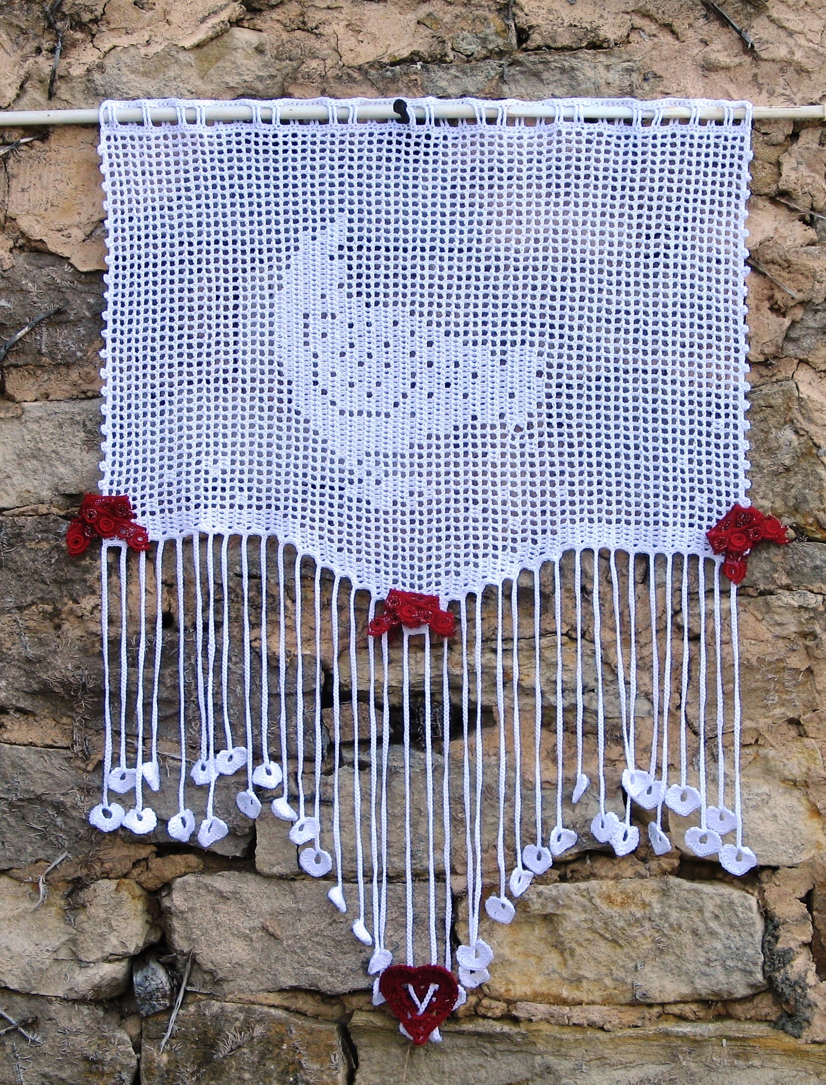 Rideau Réalisé Au Crochet Main en Coton Blanc, Motif Traditionnel Poule, Petits Noeuds Rouges, Frang