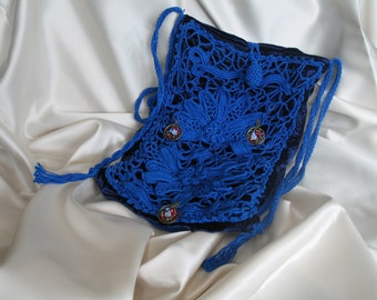 Shoulder electric blue bag, hobo, crochet Ireland lace, cotton, lined velvet tonal wedding ceremonies.