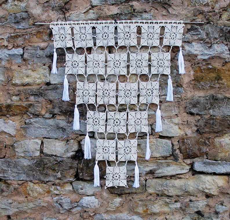 retro Curtain handmade crochet Christmas gift housewarming. Breeze view for door or window ecru and white