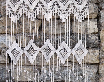Ecru-Baumwoll-Häkelvorhang, handgefertigt, Rautenmuster, mit kleinen Herzen gepunktete Fransen, für Tür oder Fenster,