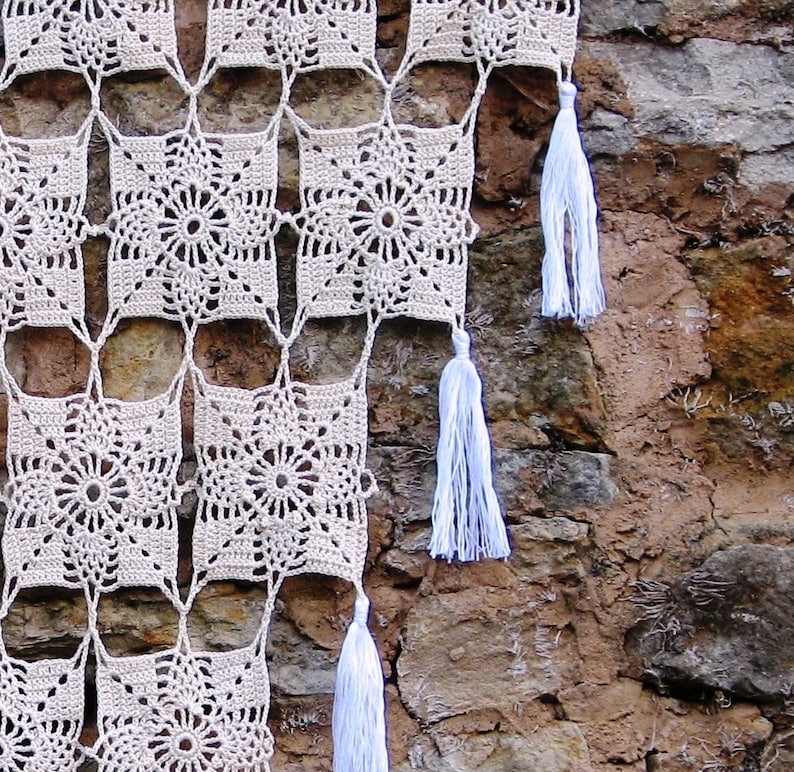 retro Curtain handmade crochet Christmas gift housewarming. Breeze view for door or window ecru and white