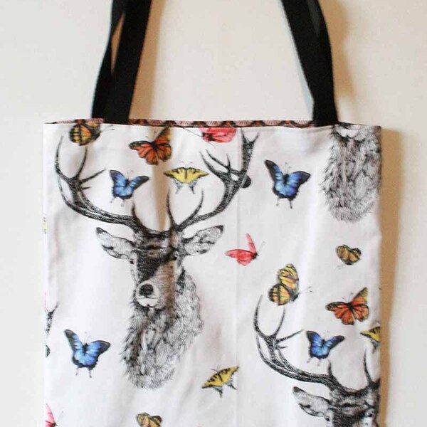 Bag tote bag natural romantic deer and butterflies design lining style orange pink scales