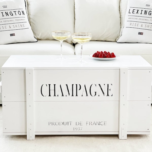 Coffre cargo box "Champagne" table basse caisse en bois table d'appoint vintage shabby chic blanc