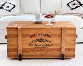 Trunk cargo box "Boulangerie" coffee table wooden box side table vintage shabby chic walnut light brown