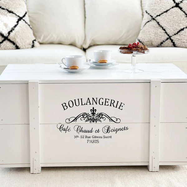 Malle cargo box "Boulangerie" table basse caisse en bois table d'appoint vintage shabby chic blanc