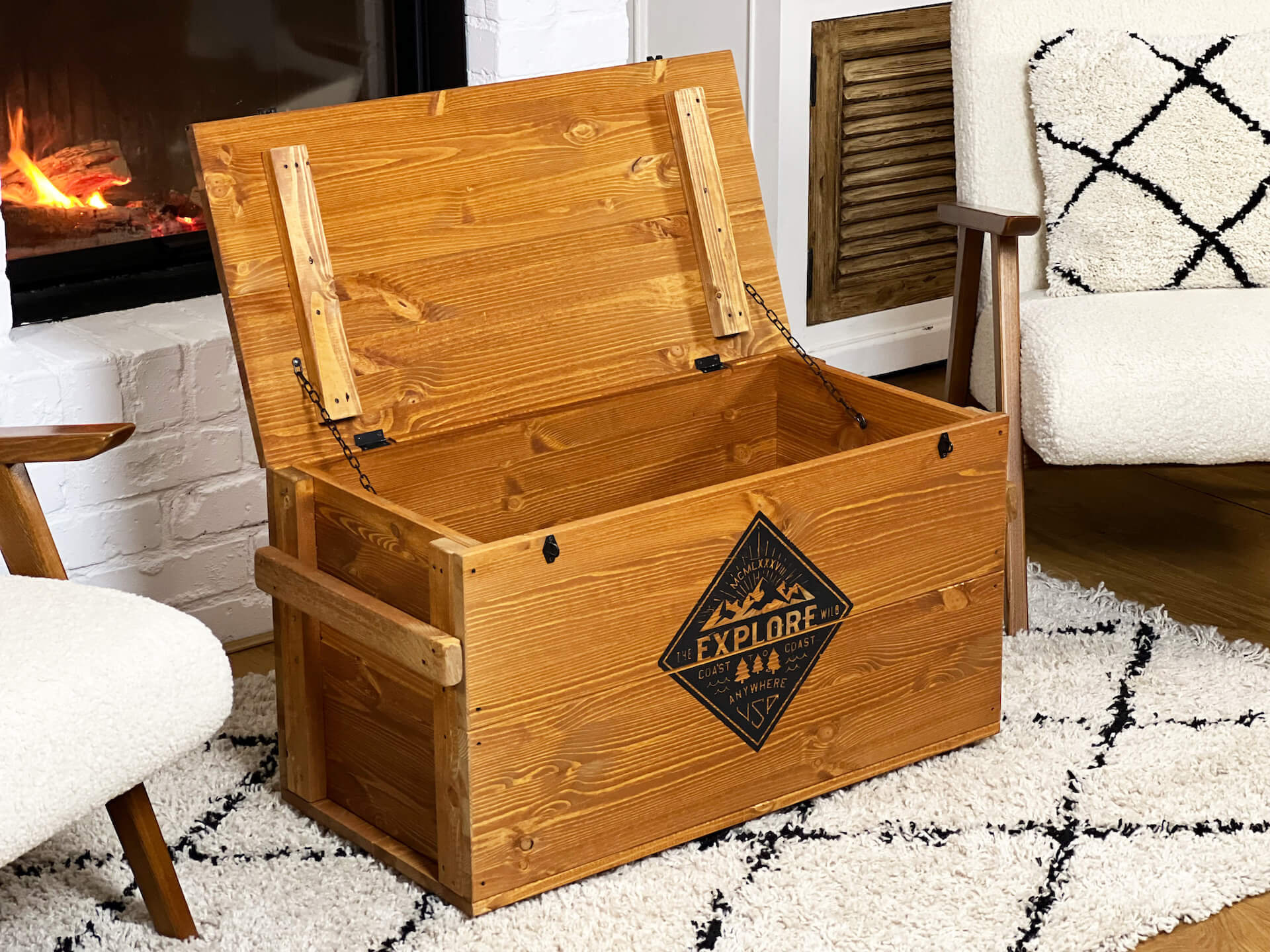 Table Basse Coffre Uncle Joe's Bois Massif Vintage Shabby Chic - Marron, 100cm, Avec Rouleaux