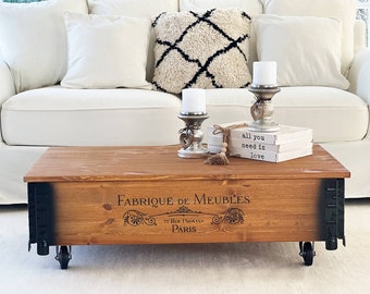 Uncle Joe's coffee table "Meubles" chest wooden box vintage shabby chic retro with wheels and writing storage space living room table, solid pine wood