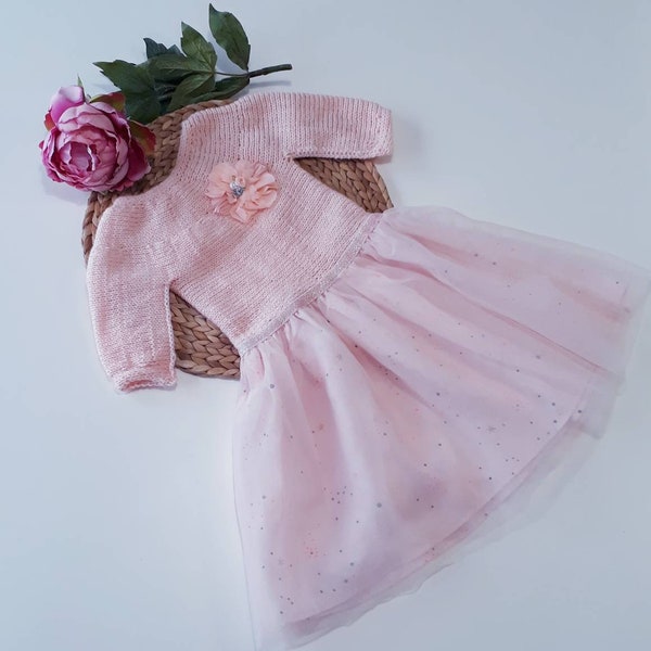 Vêtement robe tulle princesse pour cérémonie baptême mariage fait main au tricot pour fille 3 ans Fabrication Française